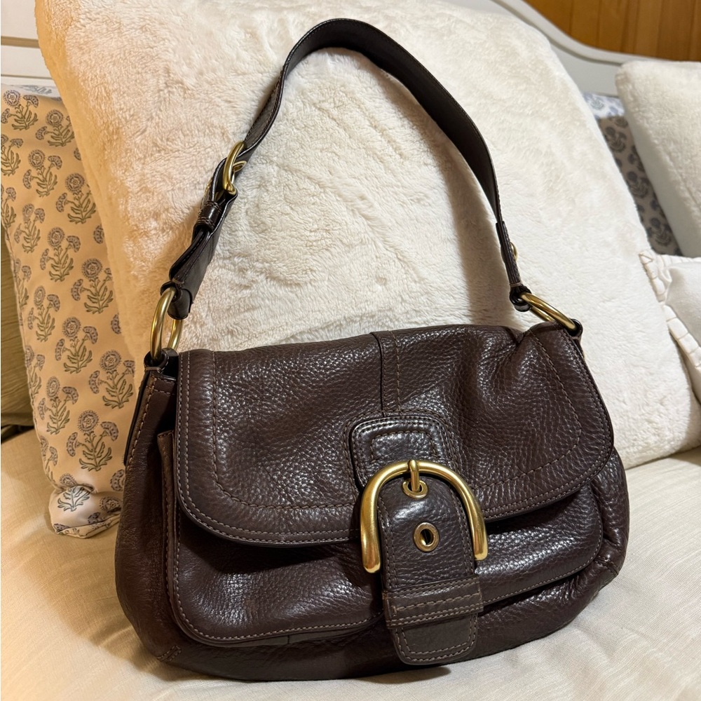 Coach Dark Brown Leather Shoulder Bag with Gold Accents